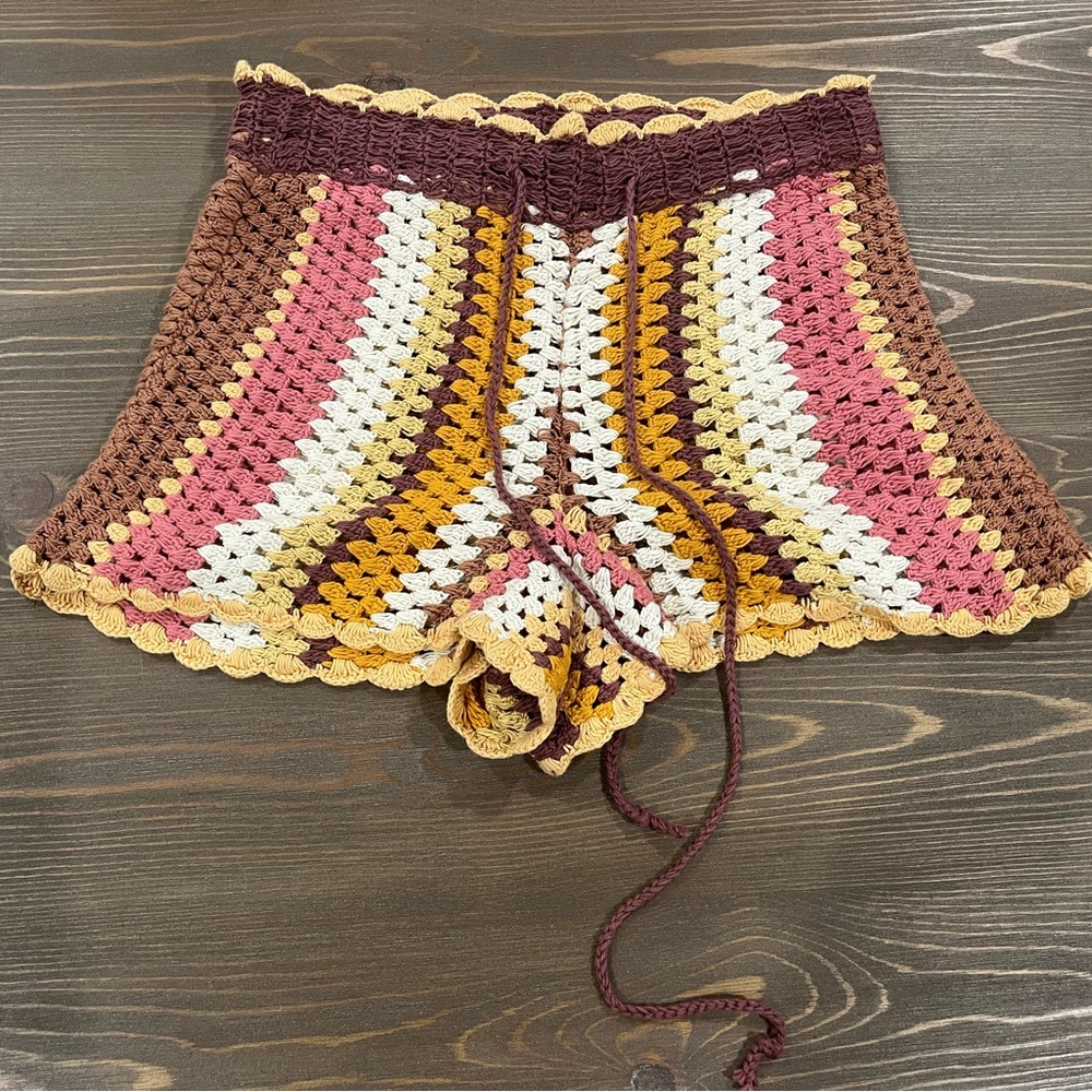 Zara Pink and Brown Crochet High Waist Shorts